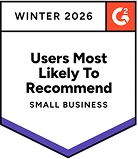 Значок G2 'Users More Likely To Recommend Small Business Winter 2026', присуждён WebWork за топовый опыт для малого бизнеса