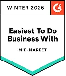 G2 Easiest To Do Business With Mid-Market Winter 2026 badge awarded to WebWork Time Tracker for seamless time tracking software experience