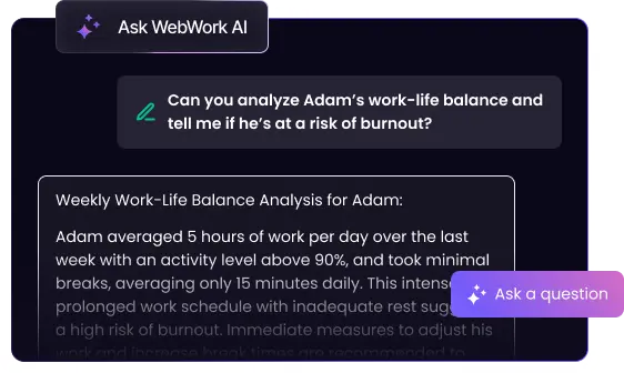 Outil de suivi du temps avec IA répondant aux questions sur les performances des employés