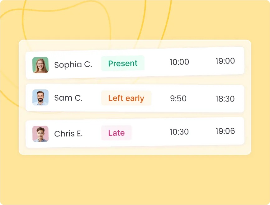 Отслеживание посещаемости сотрудников с показанием начала и окончания работы для точного учёта часов