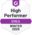 G2 High Performer EMEA Winter 2025 badge awarded to WebWork Time Tracker for excellence in time tracking software across Europe, the Middle East, and Africa