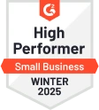 G2 High Performer Small Business Winter 2025 badge recognizing WebWork Time Tracker as a top time tracking tool for small businesses