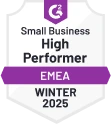 G2 Small Business High Performer EMEA Winter 2025 badge awarded to WebWork Time Tracker for exceptional time tracking solution for small businesses in EMEA