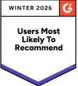 Значок G2 'Users Most Likely To Recommend Winter 2026' за высокий уровень доверия к WebWork