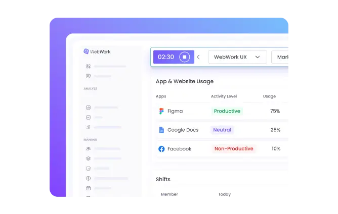 Track time directly in your browser with features like task management and invoicing in your WebWork Dashboard