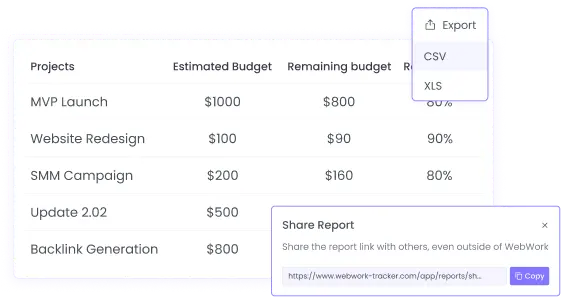 Share project budget reports via export or link with people outside your workspace