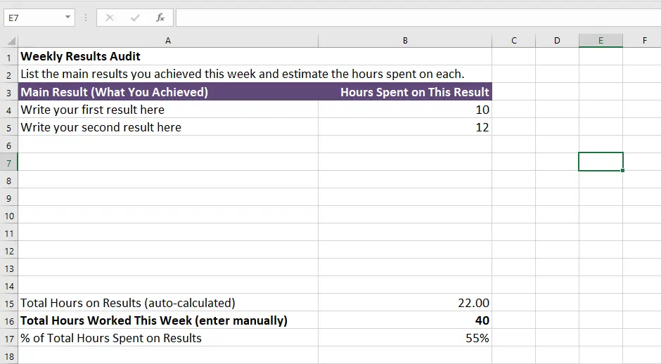 Weekly results audit with free time audit templete